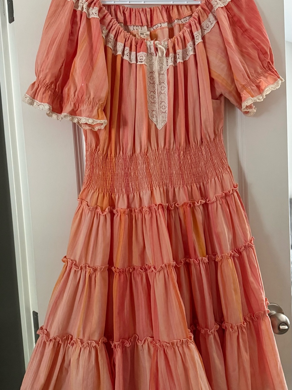 Women’s Vintage Peach Tiered Midi Dress with Lace Trim Peasant Line Dancing